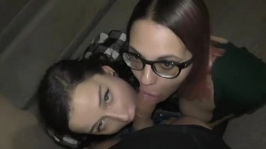 Amazing babes sucking cock on the stair